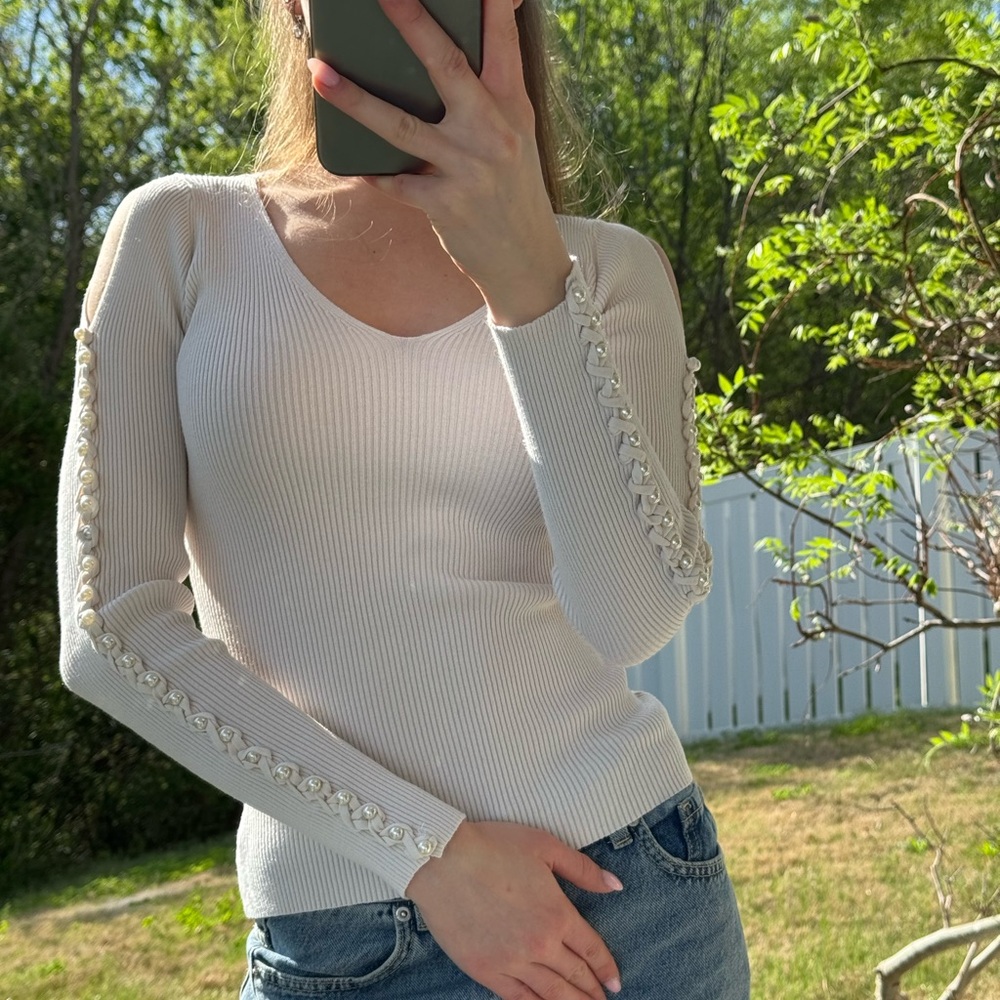 Guess Cream Sweater with Pearl Detailing and Shoulder Cutouts
